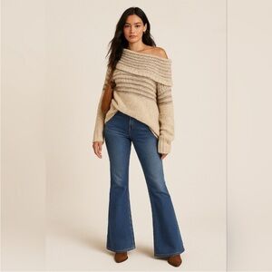 Free People Engineer Stripe Cowl Neck Off Shoulder Sweater in Cream/Beige